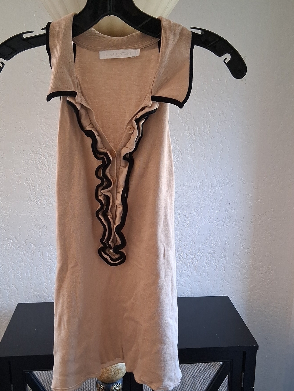 Anne Fontaine Beige Sleeveless Ruffle Polo Top with Black Trim